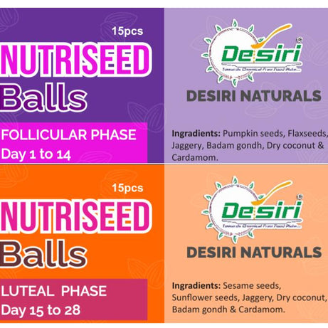Two boxes of Desiri Naturals Nutriseed Balls for follicular and luteal phases with product details.