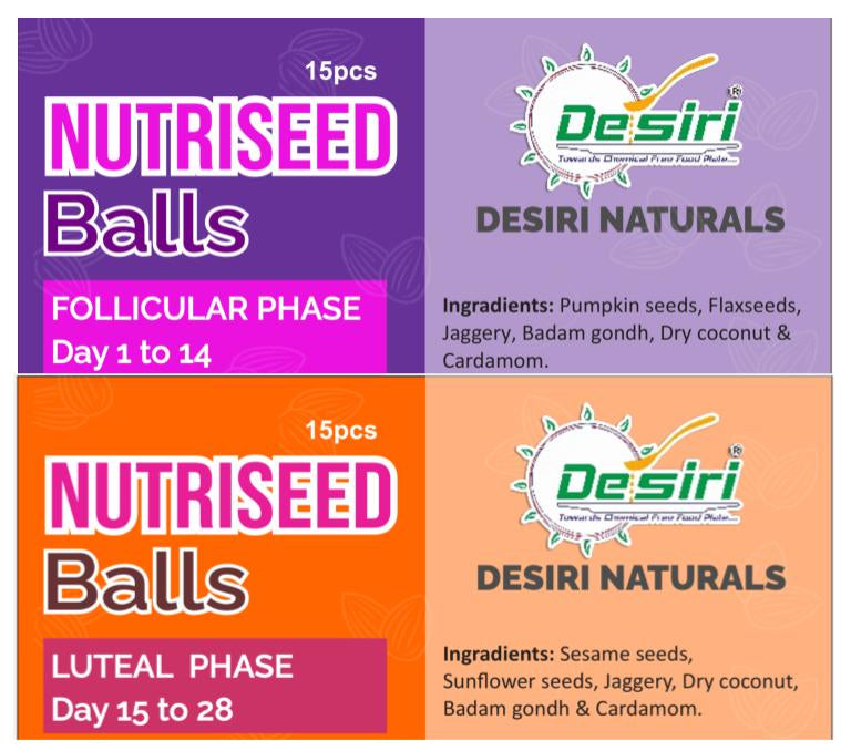 Two boxes of Desiri Naturals Nutriseed Balls for follicular and luteal phases with product details.